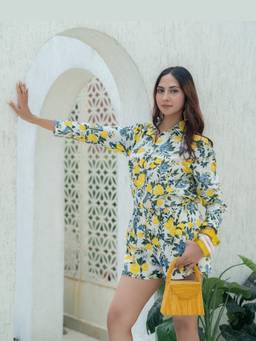 KHAMNA - Multicolour Citrus Bloom Oversized Printed Cotton Shirt