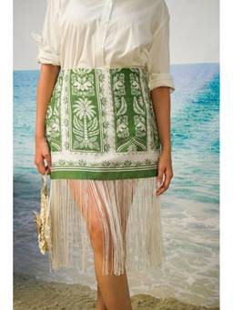 KHAMNA - Green Naina Fringe Botanical Hem Skirt