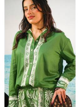 KHAMNA - Green Botanical Yoshita Oversized Cotton Shirt