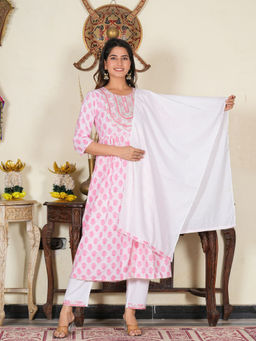 Yash Gallery - Womens Pink Floral Embroidered Gathered Kurta with Pant & Dupatta (Set of 3)