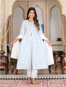 Yash Gallery - Womens White Floral Embroidered Gathered Kurta with Pant & Dupatta (Set of 3)