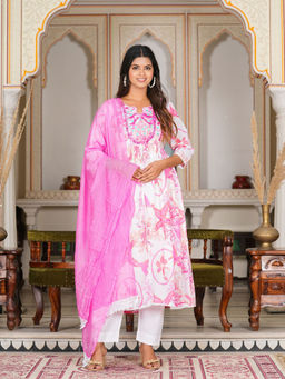 Yash Gallery - Womens Pink Embroidered Anarkali Kurta with Pant & Dupatta (Set of 3)