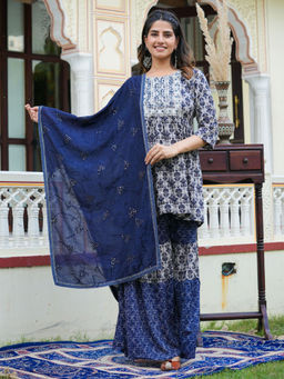 Yash Gallery - Womens Blue Ikat Embroidered Short Kurti with Sharara & Dupatta (Set of 3)