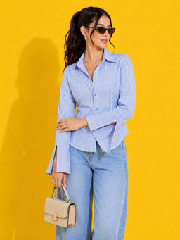 Buynewtrend - Womens Blue Striped Cotton Shirt