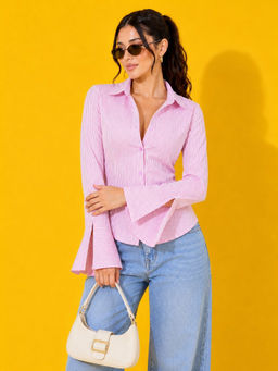 Buynewtrend - Womens Pink Striped Cotton Shirt