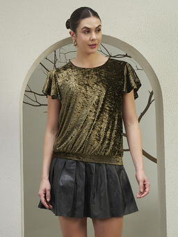 VAARARO - Crushed Velvet Olive Top