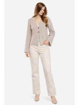 NOBARR - Womens Beige V-Neck Button Front Cardigan