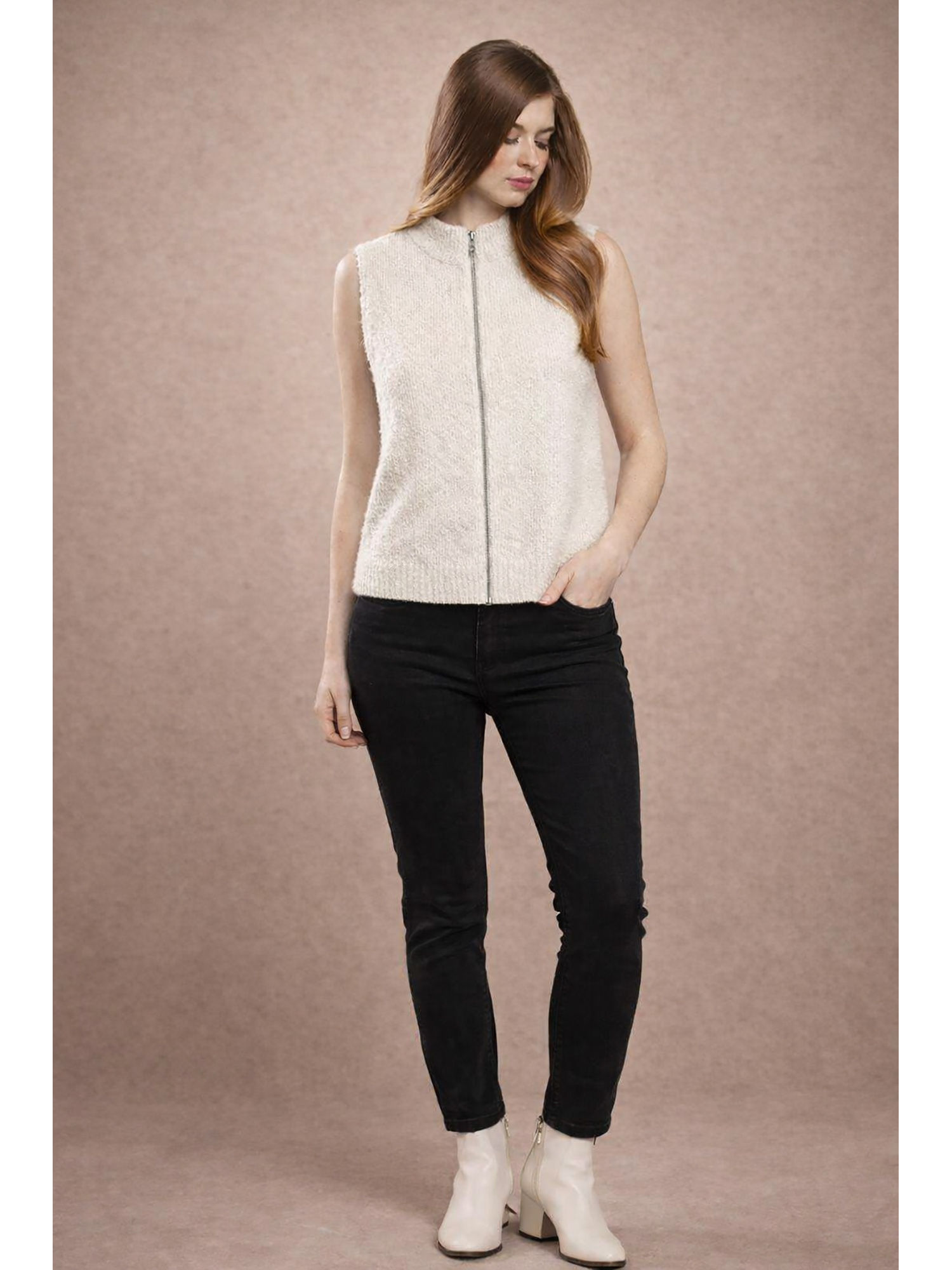 nobarr Womens Cream Sleeveless Zip-Up Sweater Vest-picture-14