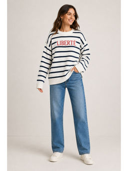 NOBARR - Womens White And Navy Blue Striped Oversized Knit Sweater