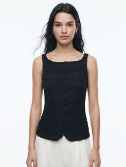 Outzidr - Black Sleeveless Front Buttoned Textured Top