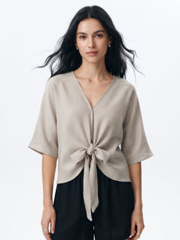 Outzidr - Beige Waist Tie-Up Relaxed Top