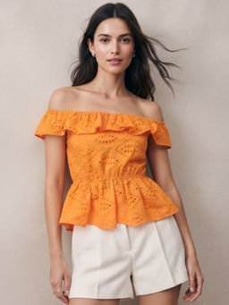 Outzidr - Orange Off Shoulder Schiffli Top