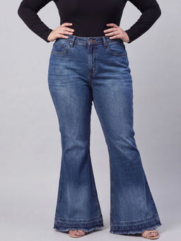 Turning Blue - Womens High Rise Mid Blue Urban Flared Cotton Jeans