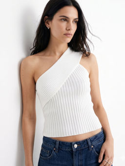 Outzidr - White One Shoulder Textured Knit Top