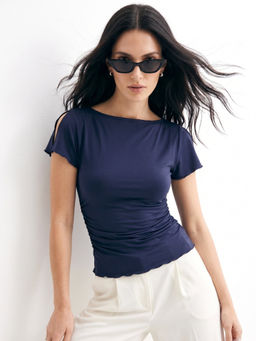 Outzidr - Navy Blue Lettuce Hem Detail Top
