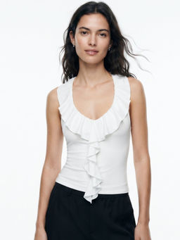 Outzidr - White Ruffle Neck Fitted Top