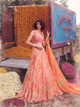 Odette - Pink Floral Embroidered Chiffon Semi Stitched Lehenga With Unstitched Blouse (Set of 3)