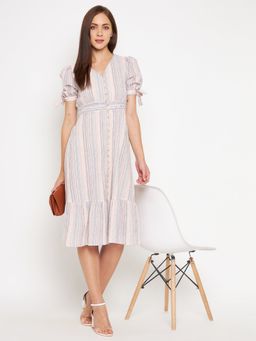 Madame - Beige Stripes V-Neck Knee Length Dress