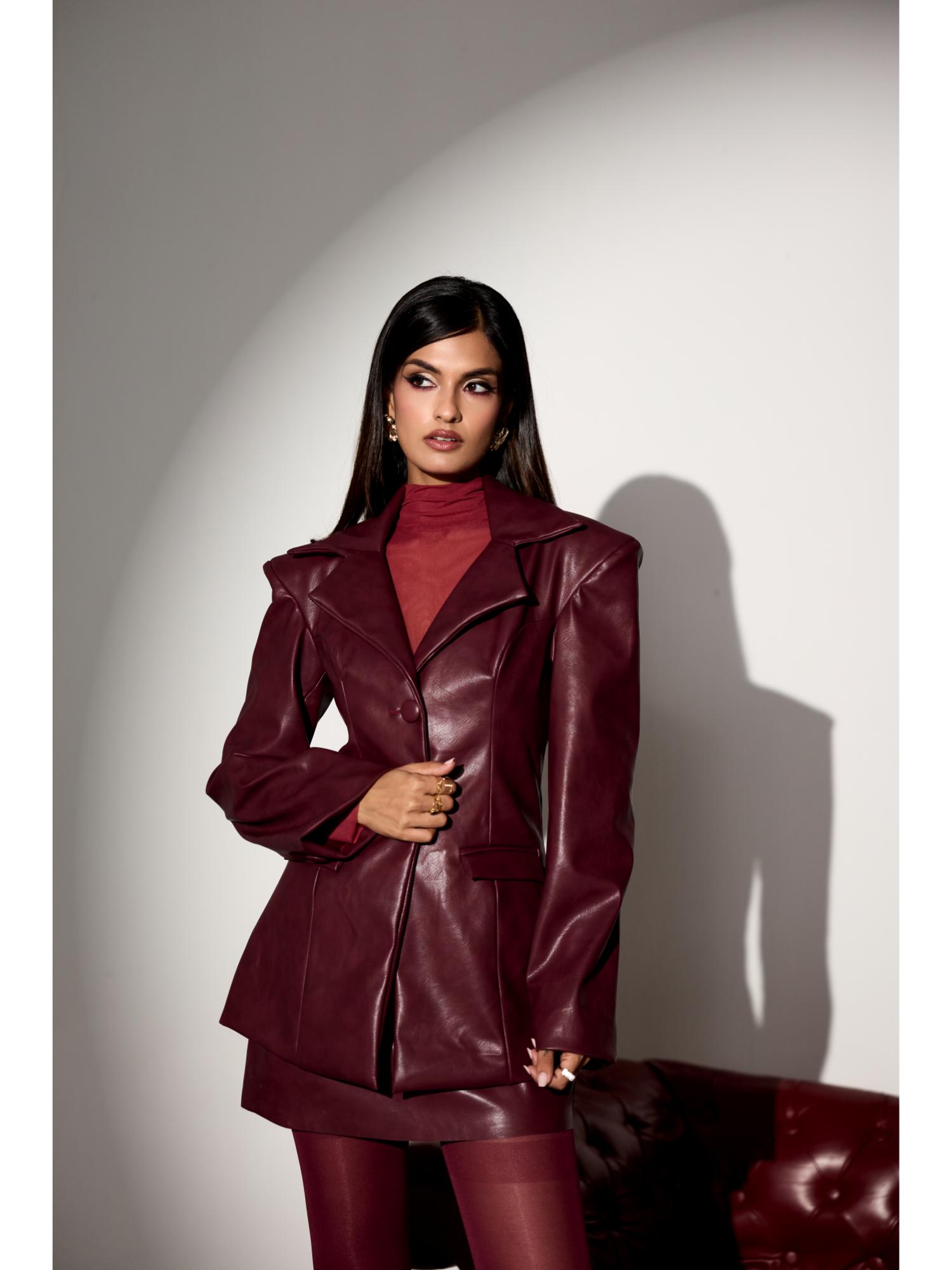 lea clothing Cherry Faux Leather Burgundy Blazer Jacket-picture-25