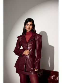 Lea Clothing - Cherry Faux Leather Burgundy Blazer Jacket