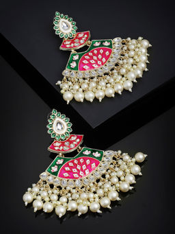 PANASH - Green & Pink Enameled Gold-Plated Kundan Stone-Studded Drop Earrings