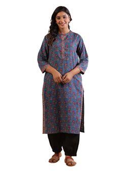 SAVI - Blue Cotton Printed Straight Kurta