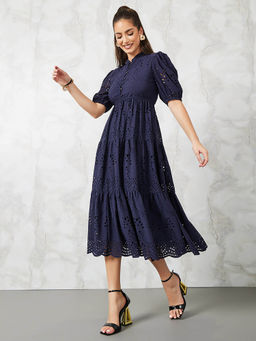 Styli - Women Navy Blue Cutwork Pattern A-Line Midi Dress