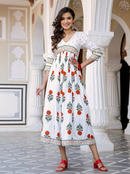 Rustorange - White V Neck Dress With Buta & Polka Prints