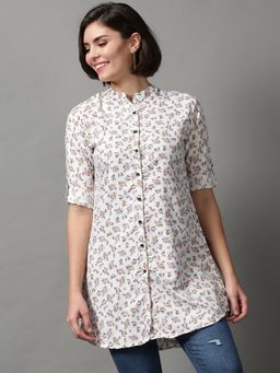 SHOWOFF - Women's Mandarin Collar Printed Off White Polyester Shirt