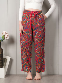 Style Shoes - Red Jaipuri Print Rayon Mid Waist Pajama