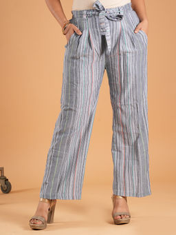 Style Shoes - Grey Stripes Printed Cotton Mid Waist Pajama