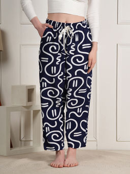 Style Shoes - Navy Blue Printed Rayon Mid Waist Pajama