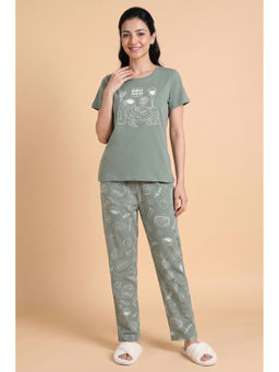 Zivame - Iceberg Green Breakfast Story Knit Cotton T-Shirt with Pajama
