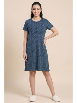 Zivame - Blue Knit Abstract Print Cotton Knee Length Nightdress