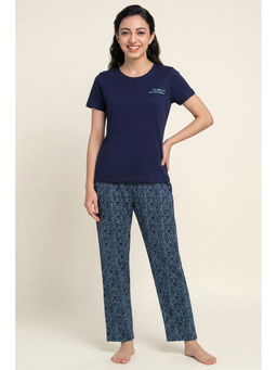 Zivame - Navy Blue Knit Cotton Printed T-Shirt with Pajama