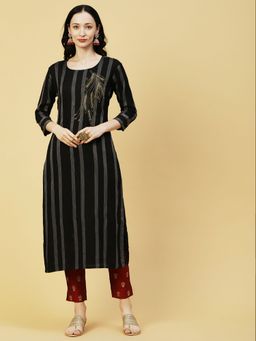 FASHOR - Woven Stripes & Ethnic Hand Embroidered Straight Fit Kurta-Black