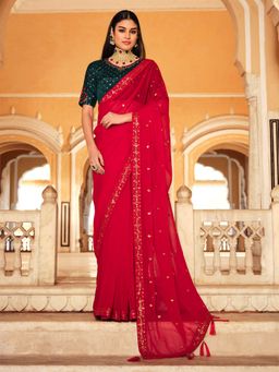 Odette - Designer Red Chinon Saree with Unstitched Blouse