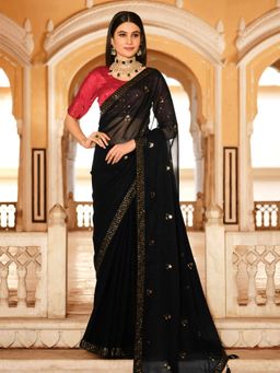 Odette - Classic Black Chinon Saree with Unstitched Blouse