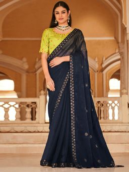 Odette - Elegant Navy Blue Chinon Saree with Unstitched Blouse