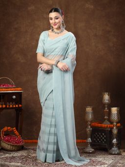 Stylum - Women's Blue Ethnic Striped Woven Net Saree with unstitched Blouse