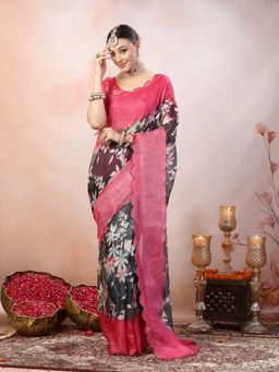 Stylum - Women's Blue Floral Digital Print Supernet Saree with unstitched Blouse