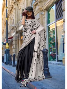 Stylum - Women's Beige Ethnic Motif Printed Satin Saree with unstitched Blouse