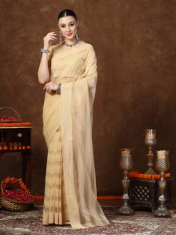 Stylum - Women's Gold Ethnic Striped Woven Net Saree with unstitched Blouse
