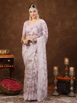 Stylum - Women's Lavender Ethnic Motifs Foil Print Organza Saree with unstitched Blouse