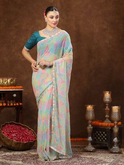 Stylum - Women's Multi Colorblock Glitter Printed Georgette Saree with unstitched Blouse