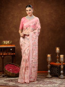 Stylum - Women's Pink Ethnic Motifs Foil Print Organza Saree with unstitched Blouse