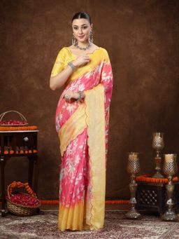 Stylum - Women's Pink Floral Digital Print Supernet Saree with unstitched Blouse
