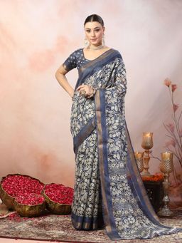 Stylum - Women's Grey Floral Print Kankawati Silk Saree with unstitched Blouse