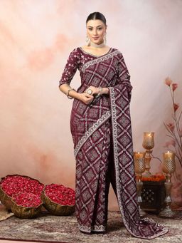Stylum - Women's Wine Ethnic Bhandej Foil Printed Silk Saree with unstitched Blouse