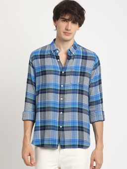 The Bear House - Men Blue Checked Slim Fit Casual Shit